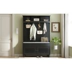 5-in-1 Entryway Bench with Shutter-shaped doors, Coat Rack, Cushion and 4 Sturdy Hooks, 47.2 Wide Hall Tree with Storage Bench