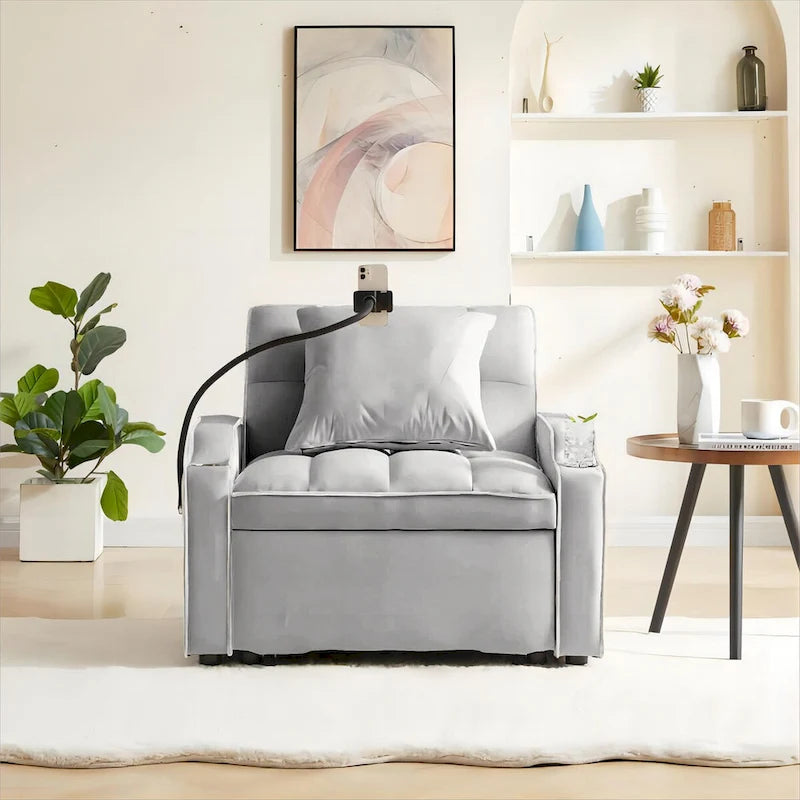 Convertible Sleeper Sofa Bed with USB-Port and Cup Holders
