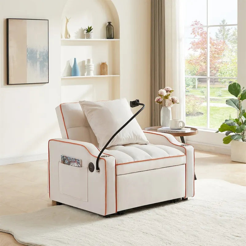 Convertible Sleeper Sofa Bed with USB-Port and Cup Holders