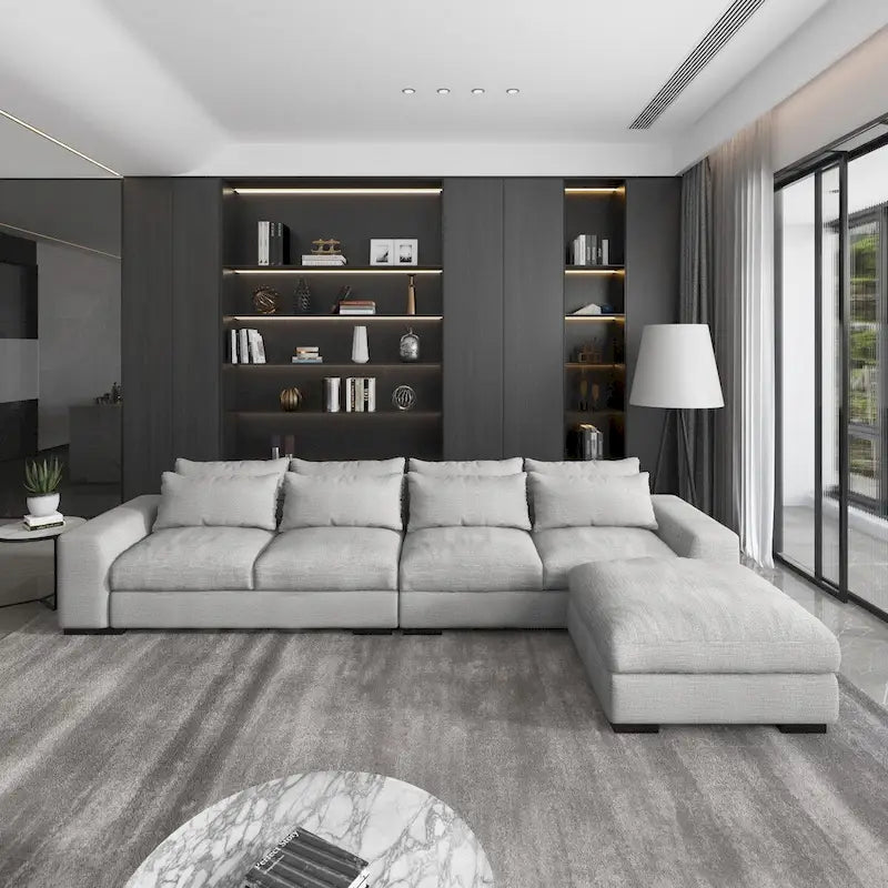 150 Wide L-Shape Linen Sofa Couch, Modern Feather Filled 5-Seat Sectional Sofa Couch with Ottoman