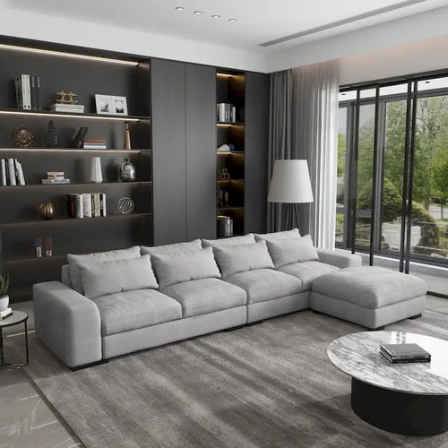 150 Wide L-Shape Linen Sofa Couch, Modern Feather Filled 5-Seat Sectional Sofa Couch with Ottoman