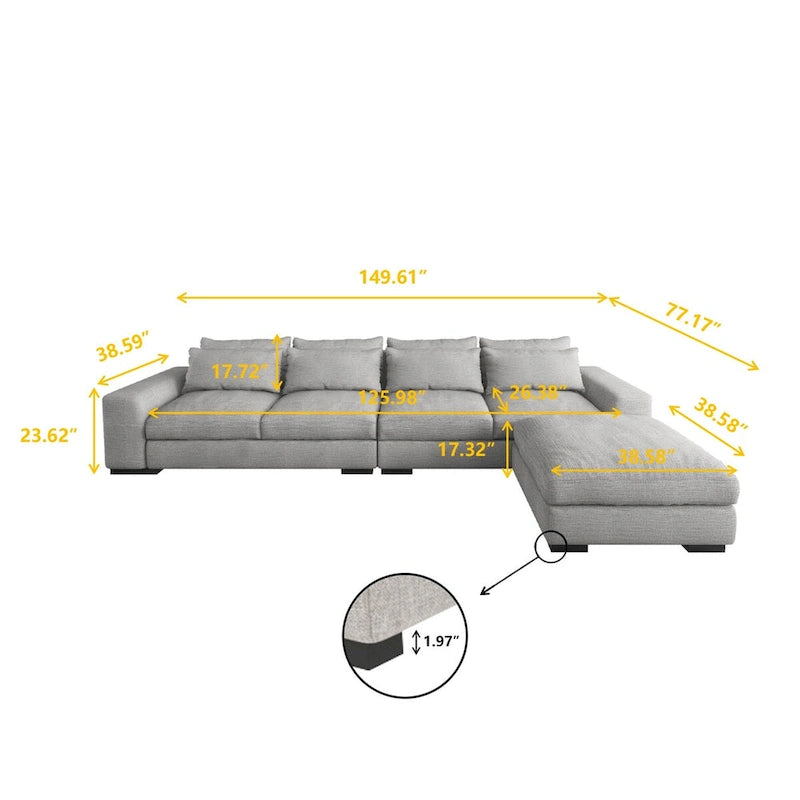 150 Wide L-Shape Linen Sofa Couch, Modern Feather Filled 5-Seat Sectional Sofa Couch with Ottoman