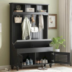 5-in-1 Entryway Bench with Shutter-shaped Doors, Coat Rack, Cushion and 4 Sturdy Hooks