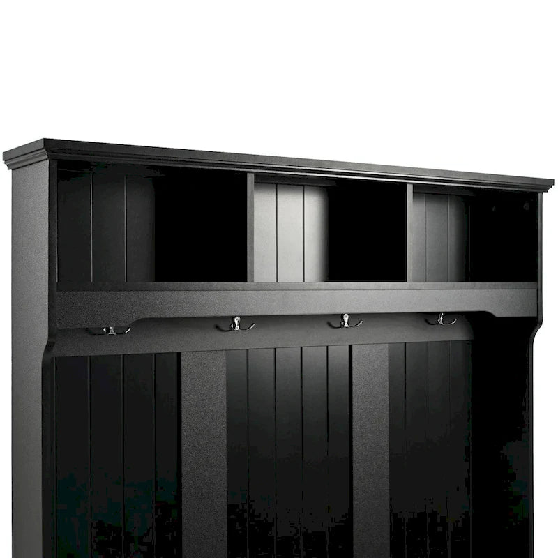 5-in-1 Entryway Bench with Shutter-shaped Doors, Coat Rack, Cushion and 4 Sturdy Hooks