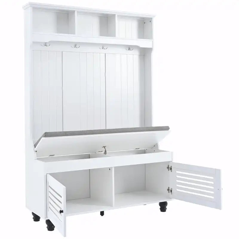 5-in-1 Entryway Bench with Shutter-shaped Doors, Coat Rack, Cushion and 4 Sturdy Hooks