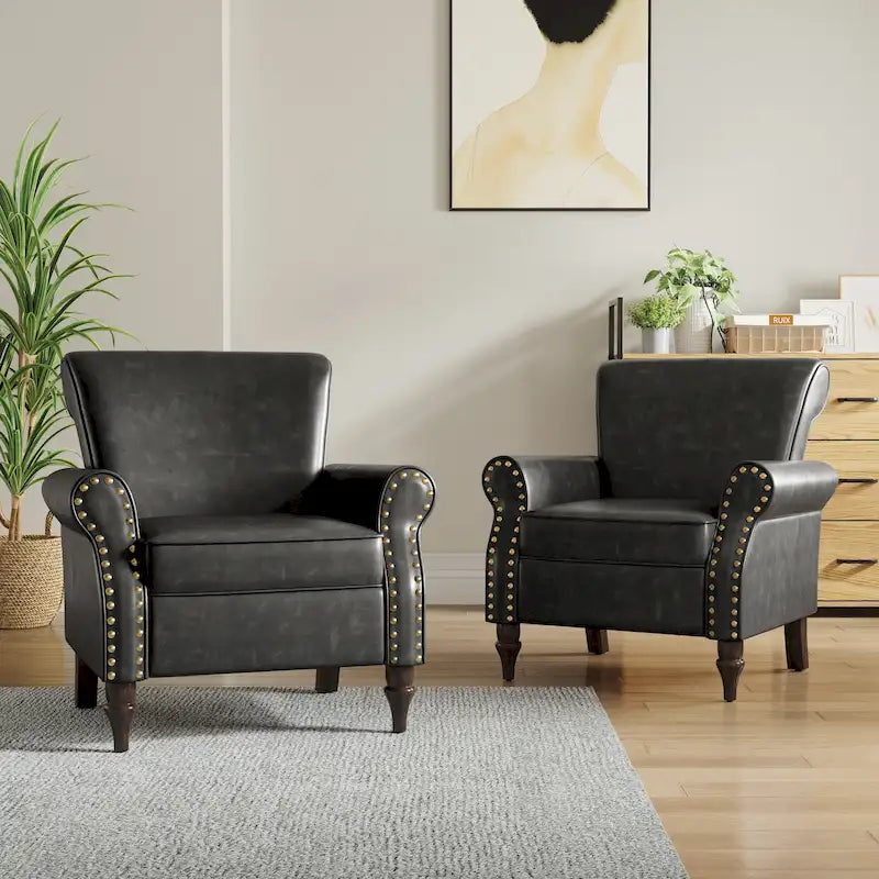 2 Set Nailheads Accent Chair Faux Leather Armchair