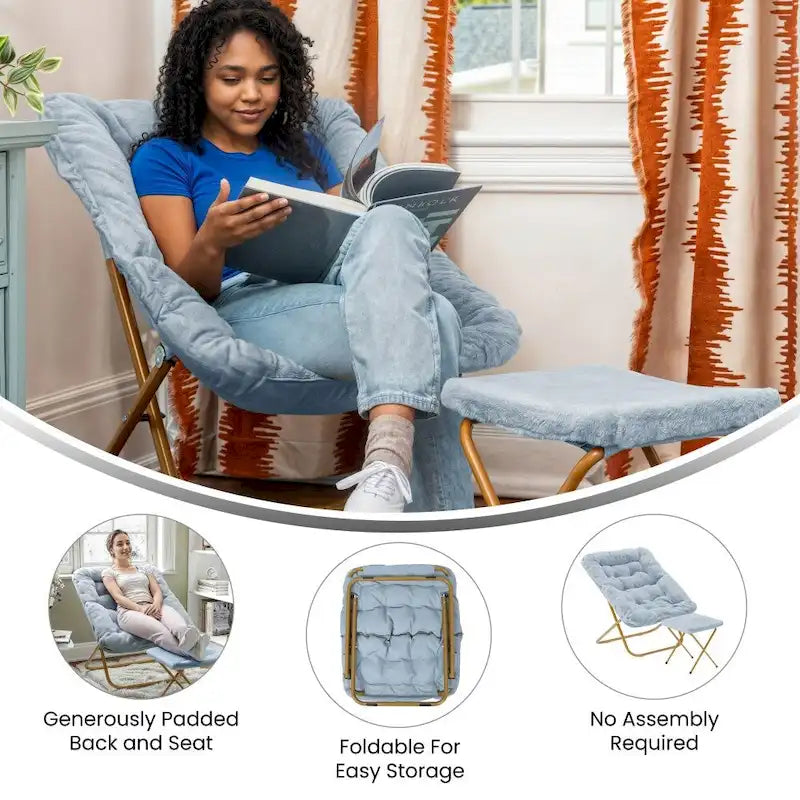 Oversized Folding Upholstered Saucer Chair with Ottoman