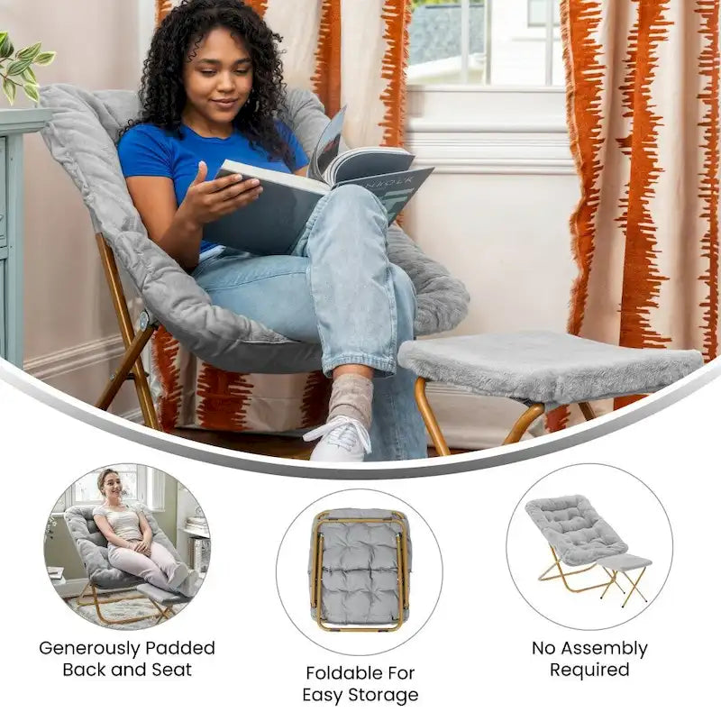 Oversized Folding Upholstered Saucer Chair with Ottoman