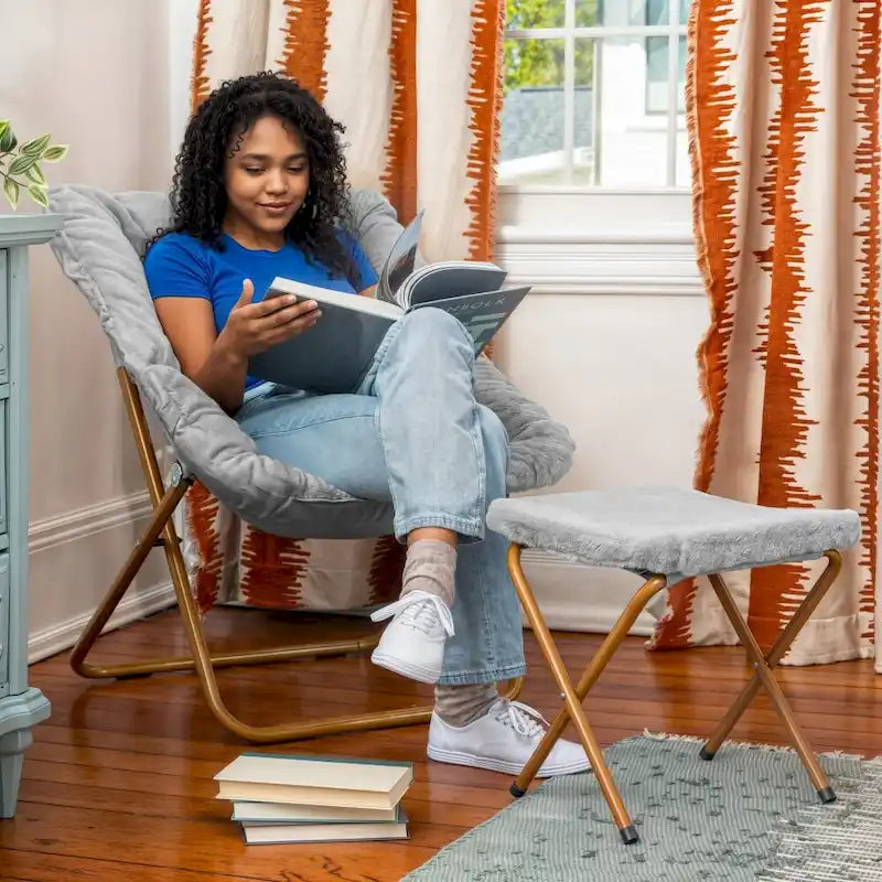 Oversized Folding Upholstered Saucer Chair with Ottoman