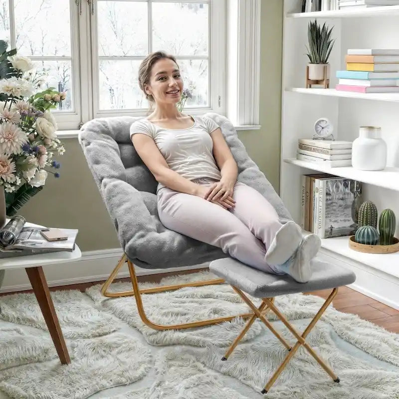 Oversized Folding Upholstered Saucer Chair with Ottoman