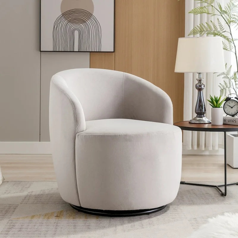 Velvet Fabric Swivel Barrel Chair with Black Powder Coating Metal Ring