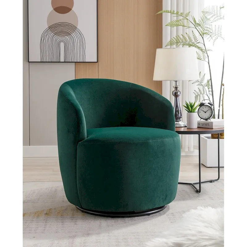 Velvet Fabric Swivel Barrel Chair with Black Powder Coating Metal Ring