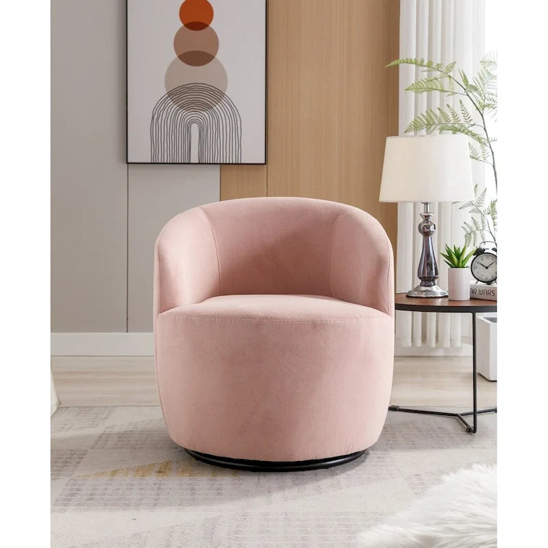 Velvet Fabric Swivel Barrel Chair with Black Powder Coating Metal Ring