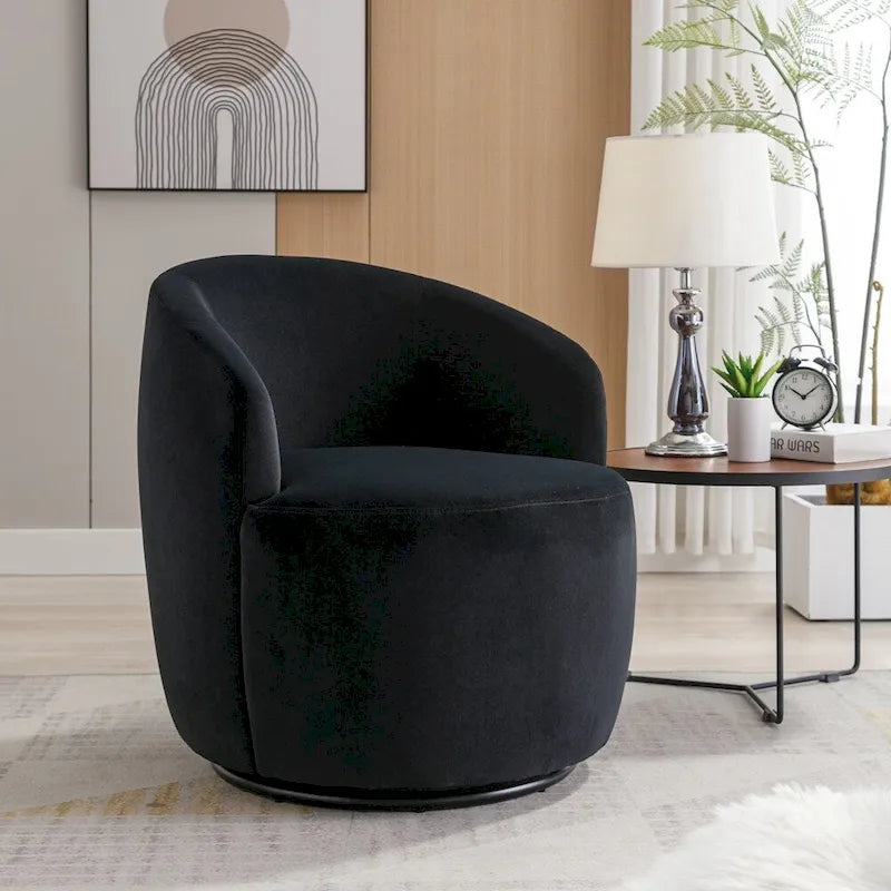 Velvet Fabric Swivel Barrel Chair with Black Powder Coating Metal Ring