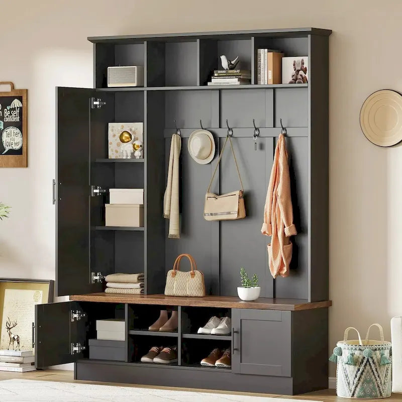 Hall Tree Hallway Storage Bench with Shoe Cubbies and Coat Rack with Hooks