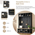 Hall Tree Hallway Storage Bench with Shoe Cubbies and Coat Rack with Hooks
