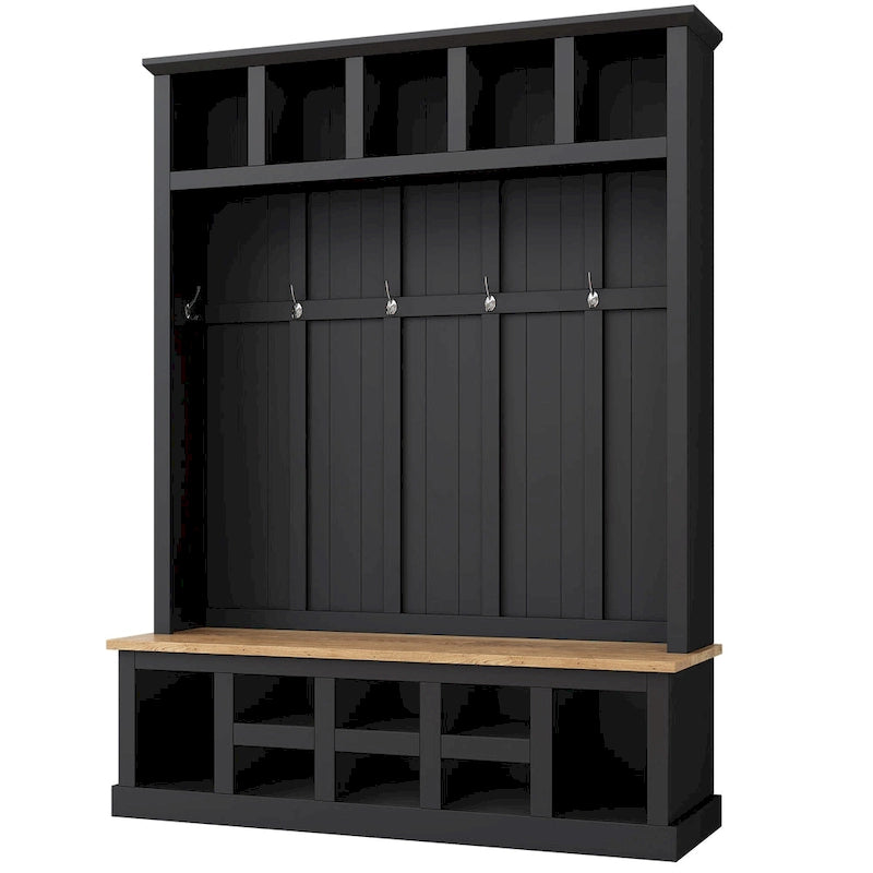 Hall Tree Hallway Storage Bench with Shoe Cubbies and Coat Rack with Hooks