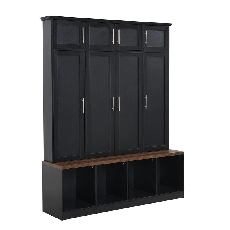 Hall Tree Hallway Storage Bench with Shoe Cubbies and Coat Rack with Hooks