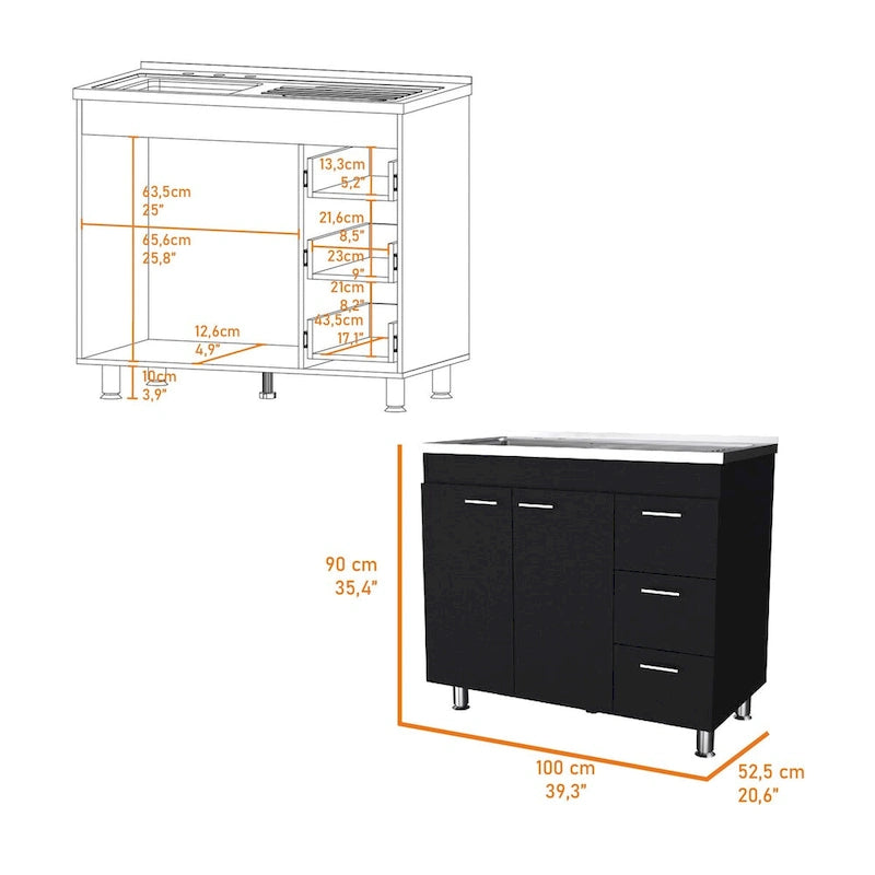 Darien melamine base cabinet, three drawers and stainless steel top. - N/A