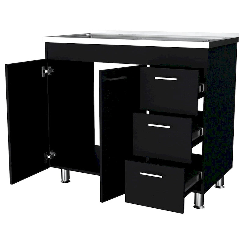 Darien melamine base cabinet, three drawers and stainless steel top. - N/A