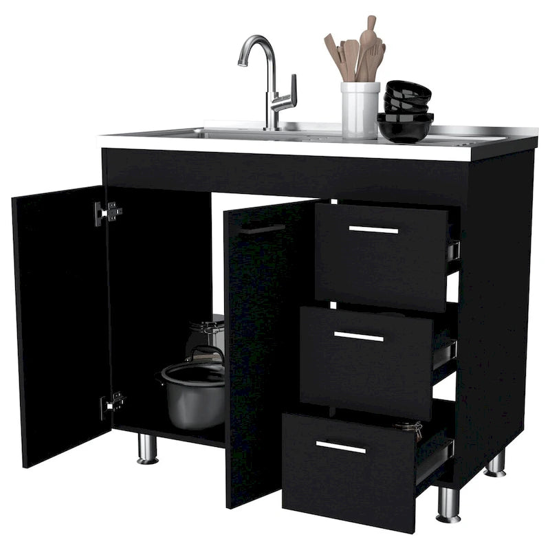 Darien melamine base cabinet, three drawers and stainless steel top. - N/A