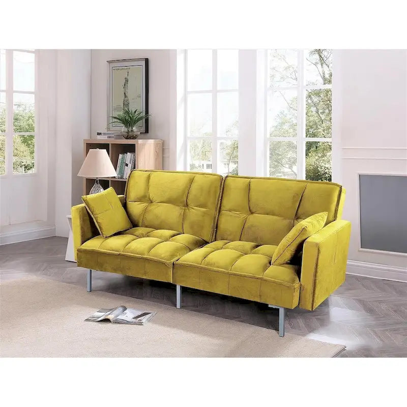 Regal Convertible Sleeper Sofa Bed Velvet Pull Out Couch with Mid-Century Style Tufted Design and Metal Legs