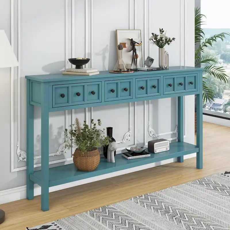Turquoise Green Rustic 60 Pine Wood Console Table with 4 Drawers, Bottom Shelf, and Distressed Finish for Entryway