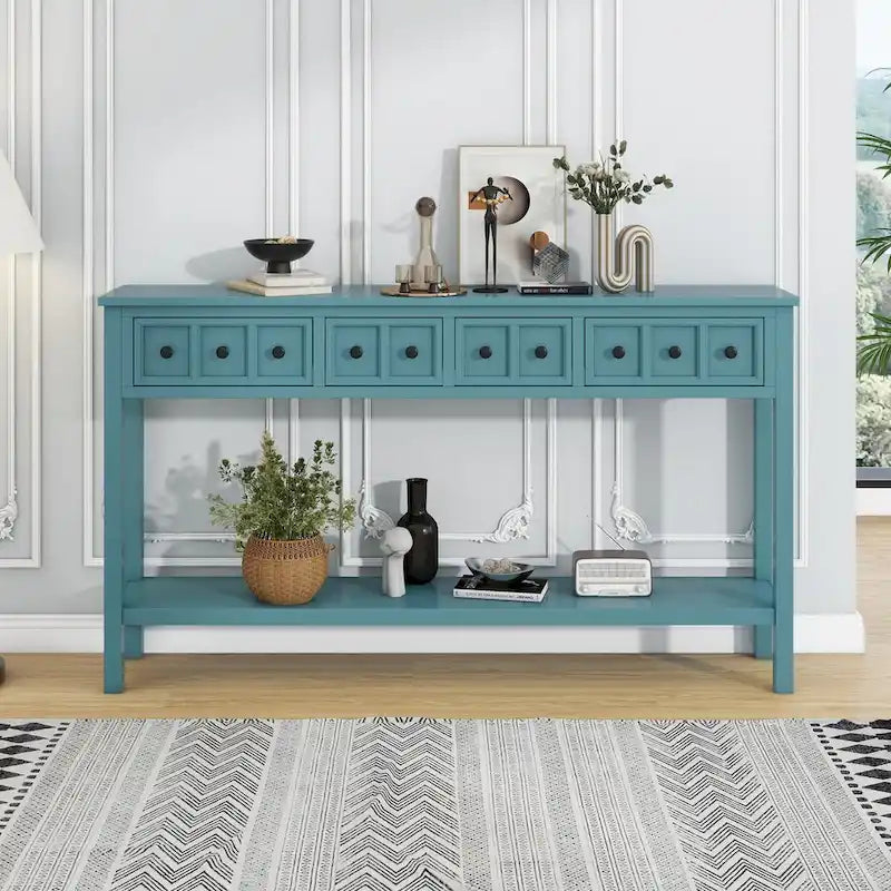 Turquoise Green Rustic 60 Pine Wood Console Table with 4 Drawers, Bottom Shelf, and Distressed Finish for Entryway