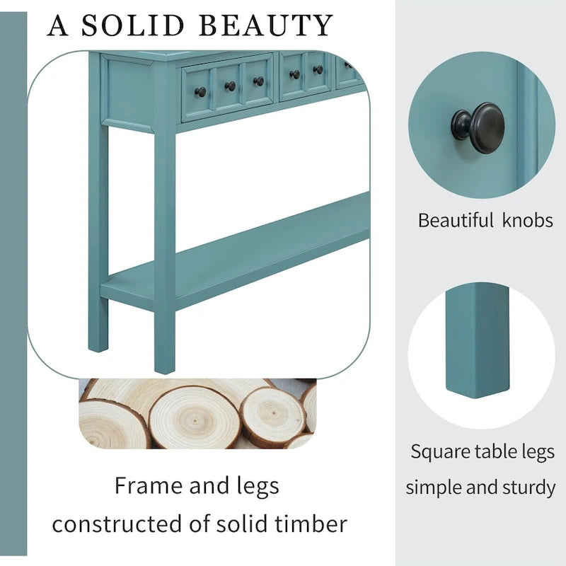 Turquoise Green Rustic 60 Pine Wood Console Table with 4 Drawers, Bottom Shelf, and Distressed Finish for Entryway