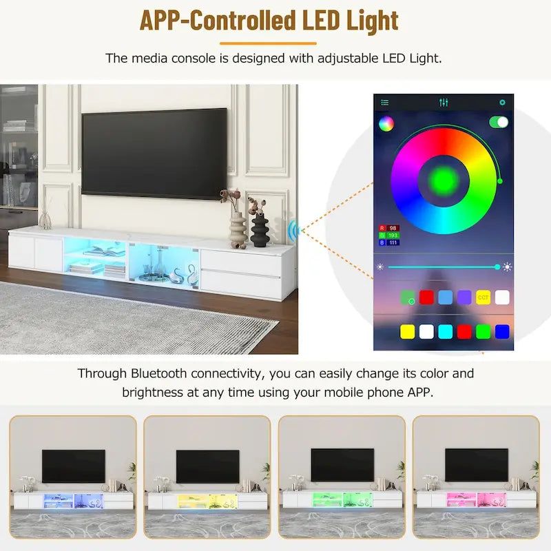 LED TV Stand for TVs Up to 105,Media Console with Tempered Glass Doors, Entertainment Center with 2 Drawers & Cabinets