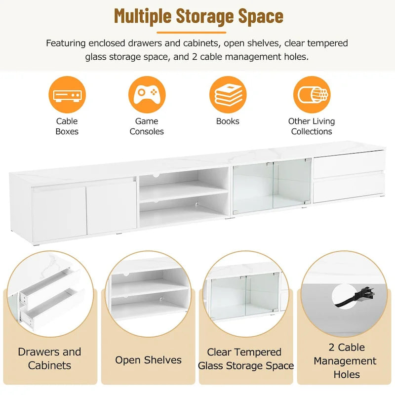 LED TV Stand for TVs Up to 105,Media Console with Tempered Glass Doors, Entertainment Center with 2 Drawers & Cabinets