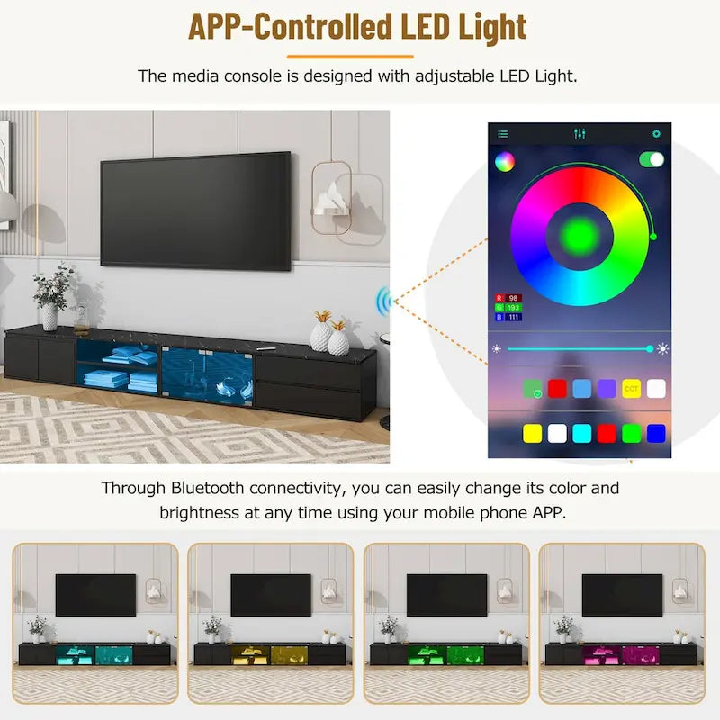 LED TV Stand for TVs Up to 105,Media Console with Tempered Glass Doors, Entertainment Center with 2 Drawers & Cabinets