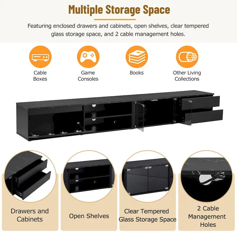 LED TV Stand for TVs Up to 105,Media Console with Tempered Glass Doors, Entertainment Center with 2 Drawers & Cabinets