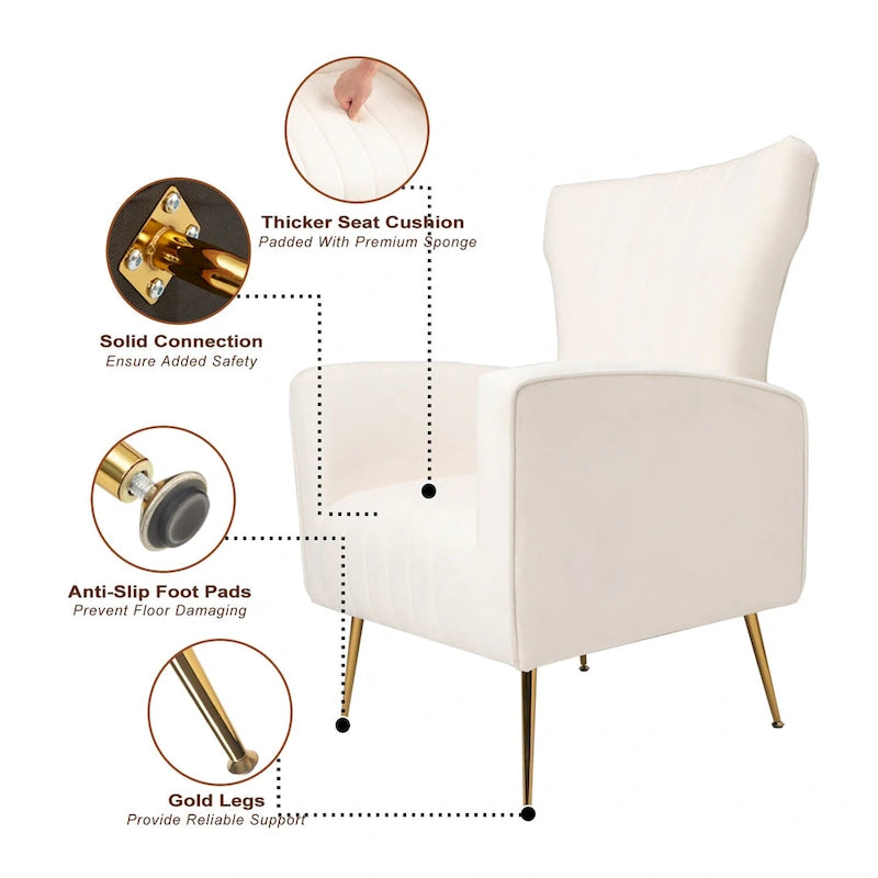 Velvet Accent Chair, Wingback Arm Chair with Gold Legs, Upholstered Single Sofa for Living Room Bedroom
