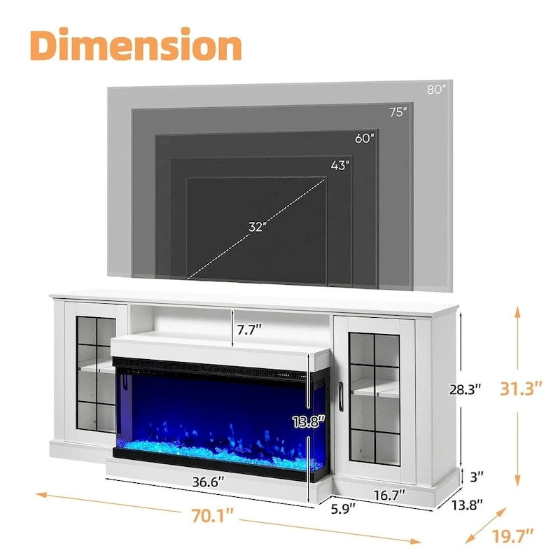 Erommy Entertainment Center with Adjustable Glass Shelves and Built-in Electric Fireplace - 70