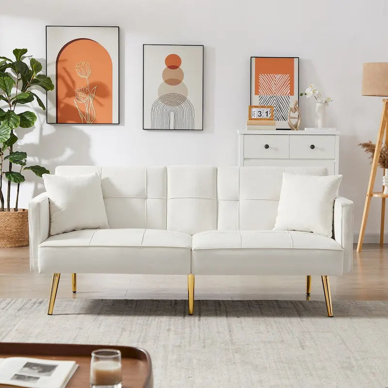 Velvet Futon Sofa Bed with Gold Metal Legs for Living Room, Entryway, Hallway, Office