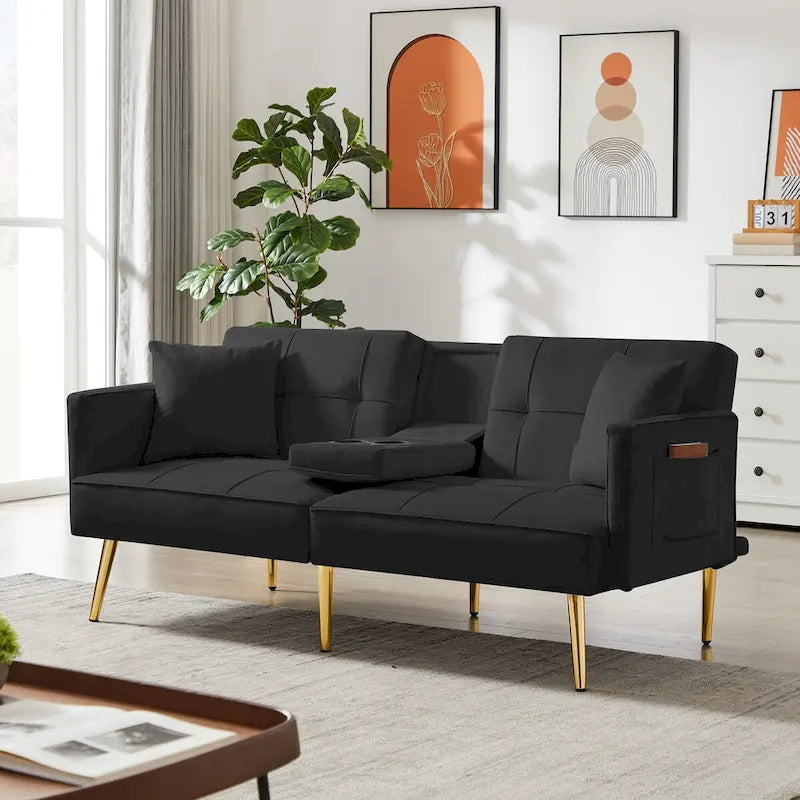 Velvet Futon Sofa Bed with Gold Metal Legs for Living Room, Entryway, Hallway, Office