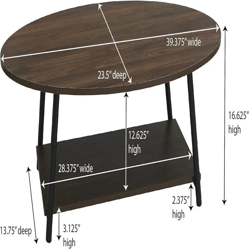 Oval Rustic Coffee Table with Storage Shelf - 23.43D x 39.37W x 16.54H