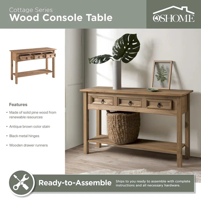 OS Home and Office Furniture Model COR933 Cottage Series Wood Three Drawer Hall Table Console in Corona Brown