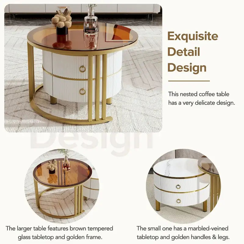 Stackable Coffee Table,Nesting Tables with Brown Tempered Glass,2 PCS