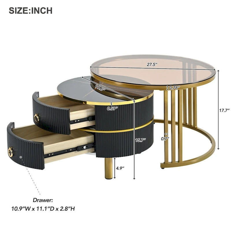 Stackable Coffee Table,Nesting Tables with Brown Tempered Glass,2 PCS