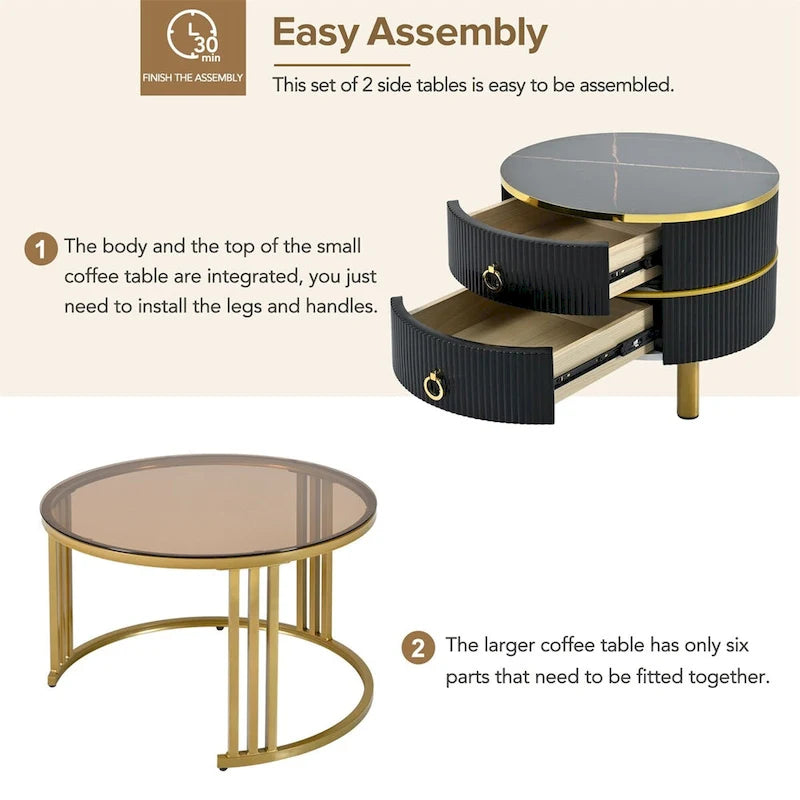 Stackable Coffee Table,Nesting Tables with Brown Tempered Glass,2 PCS
