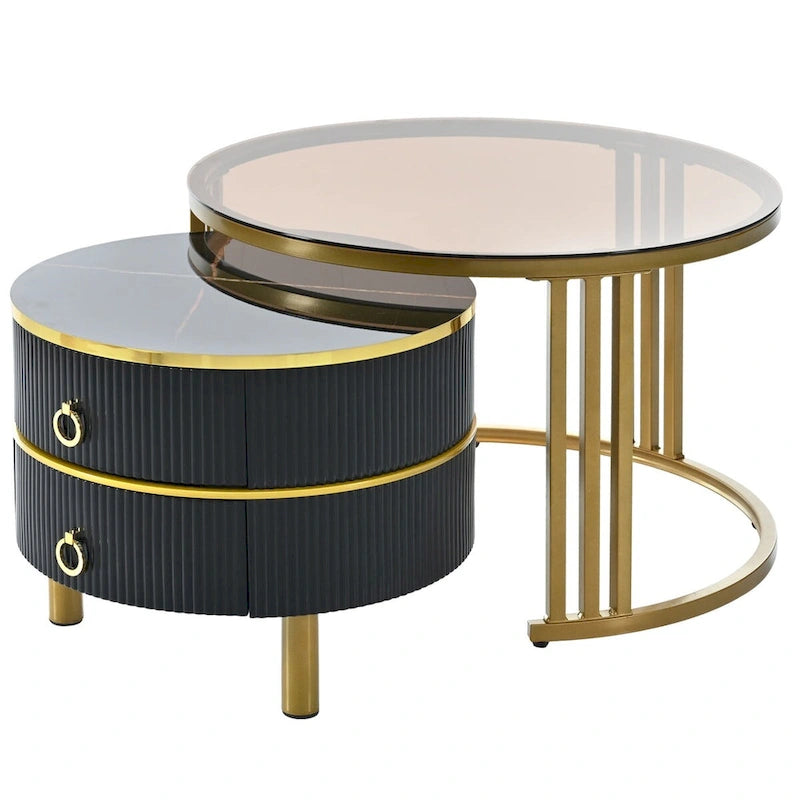 Stackable Coffee Table,Nesting Tables with Brown Tempered Glass,2 PCS