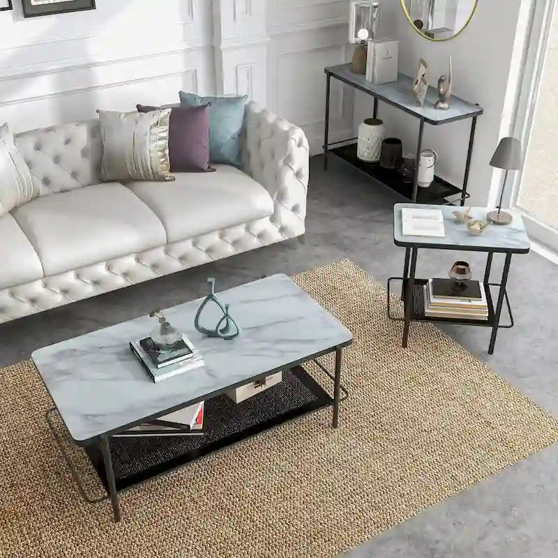 Modern-Style 3-Piece Coffee Table Set with White Glass Tabletops