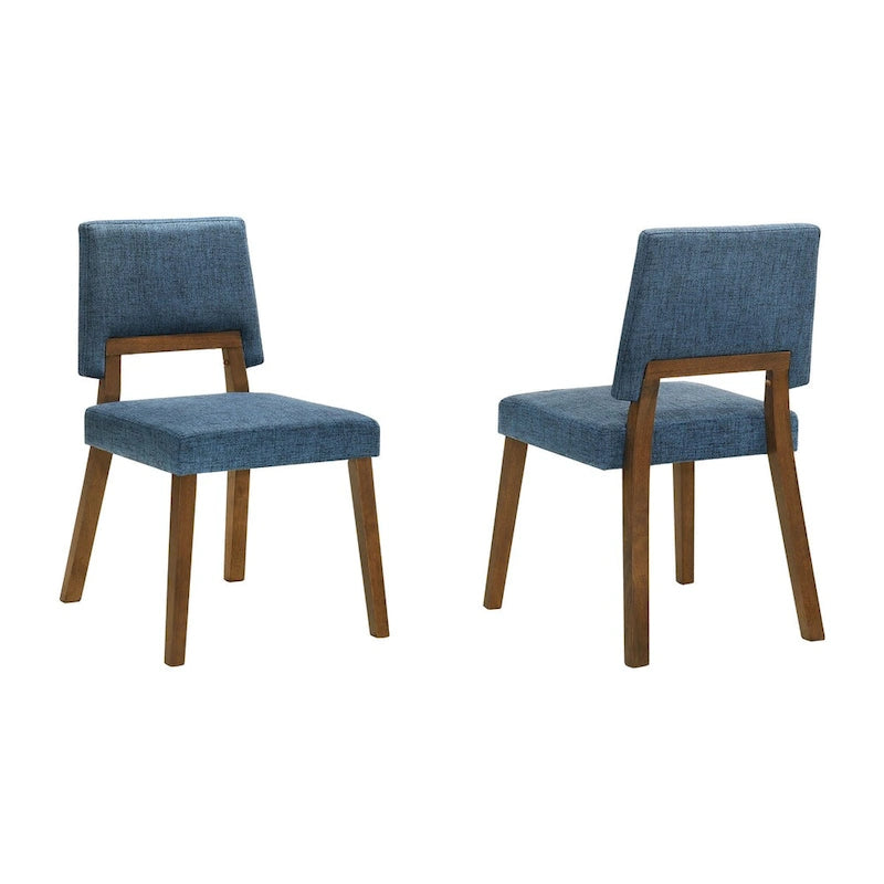 Yumi 23 Inch Dining Chair, Set of 2, Blue Fabric Seat, Walnut Brown