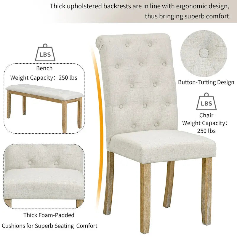 6-Piece Retro Rectangular Dining Table Set,Table with Unique Legs and 4 Upholstered Chairs & 1 Bench for Dining Room and Kitchen