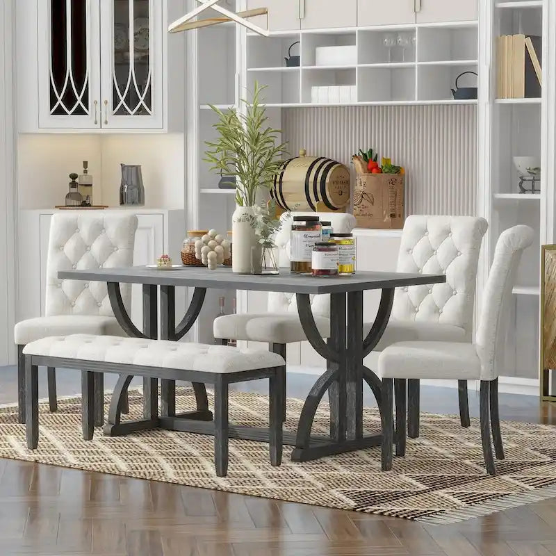 6-Piece Retro Rectangular Dining Table Set,Table with Unique Legs and 4 Upholstered Chairs & 1 Bench for Dining Room and Kitchen