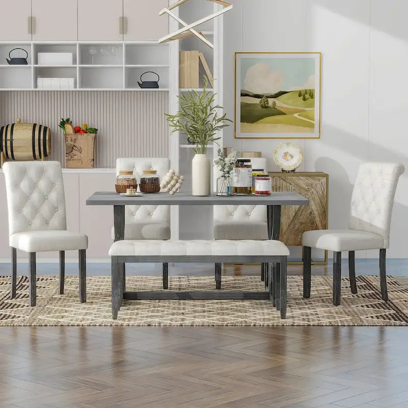 6-Piece Retro Rectangular Dining Table Set,Table with Unique Legs and 4 Upholstered Chairs & 1 Bench for Dining Room and Kitchen