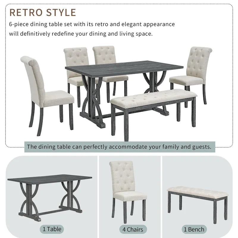 6-Piece Retro Rectangular Dining Table Set,Table with Unique Legs and 4 Upholstered Chairs & 1 Bench for Dining Room and Kitchen