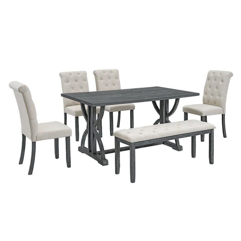 6-Piece Retro Rectangular Dining Table Set,Table with Unique Legs and 4 Upholstered Chairs & 1 Bench for Dining Room and Kitchen